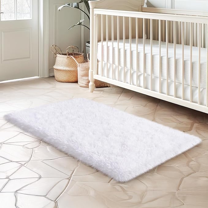 White Rug for Bedroom, 2x3 Fluffy Area Rugs for Living Room, Small Soft Shag Fuzzy Shaggy Carpets for Kids Boys and Girls Dorm with 4 Non-Slip Rug Tapes Room Home Decor (2ft x 3ft, White)
