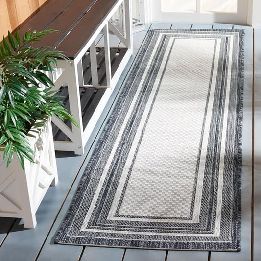 SAFAVIEH Courtyard Collection Runner Rug - 2'3" x 16', Ivory & Black, Geometric Pattern, Indoor/Outdoor & Washable, Ideal for Patio, Backyard, Mudroom (CY8475-53712-216)