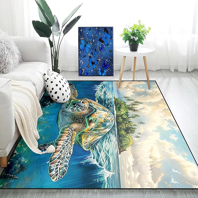 Sea Turtle Coastal Rug - Kids Sea Turtle Rugs for Bedroom Island Ocean Life Theme Carpet for Living Room Classroom, 70" L x 55" W
