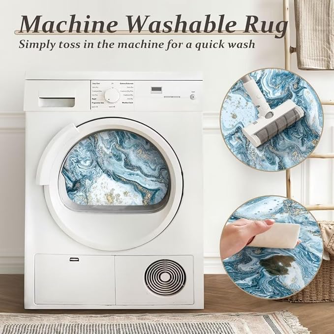 Washable Area Rug 9x12 - Artistic Style Modern Rug for Living Room Bedroom Dining Room, Soft Low Pile Machine Washable Carpet, Non Slip Non Shedding Area Rug - Blue/Gold, 9'x12'