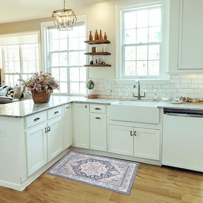 BESTSWEETIE 2x3 Area Rugs for Living Room Washable Non Slip Carpet Low Pile Soft Vintage Print Pattern Rug for Bedroom Dining Room Kitchen Entryway Indoor-Navy Blue/Light Blue/Natural/Brick