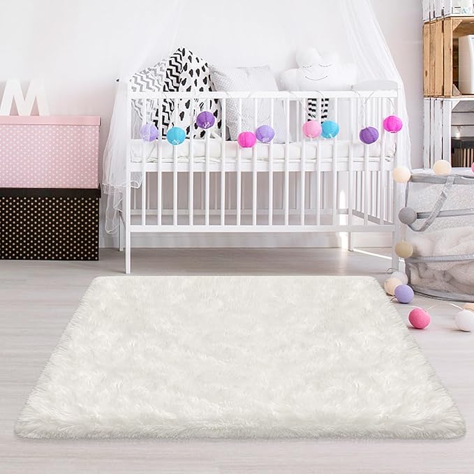 White Fluffy Rug for Bedroom Living Room, 3x5 Furry Cream Area Rug Soft Fuzzy Shag Carpet for Boys Girls Room Dorm Dresser Bedside, Plush Thick Throw Kids Shaggy Rug Non-Slip for Nursery