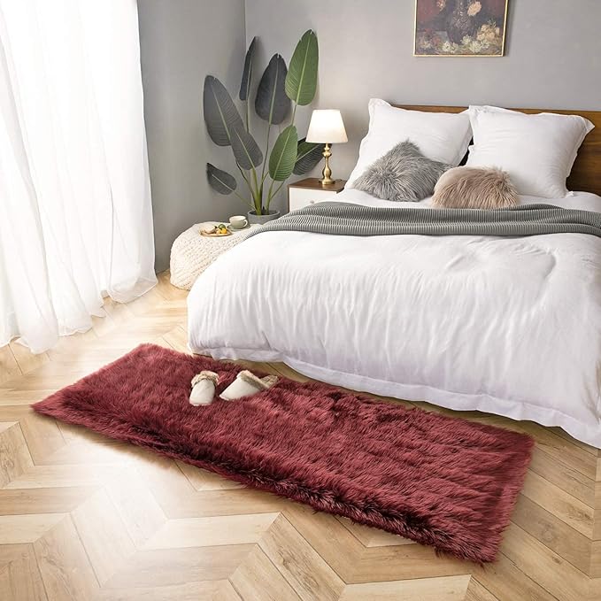 Ashler faux fur rug, Fluffy Shaggy Area Rug Ultra Soft 2.2 x 6 Feet Rectangle Fur Rug, Dark Red Fuzzy Rug Machine Washable Shag Rug, Nursery Decor Throw Rugs for Bedroom, kids room, Living Room