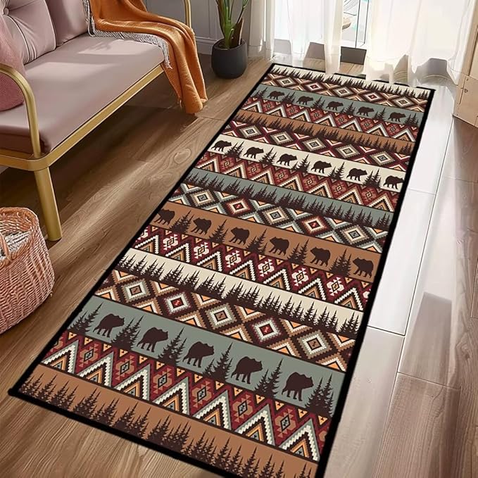 Rustic Cabin Wildlife Long Runner Rug 2x6 Throw Rug,Bear Moose Deer Country,Vintage Area Rug Washable Hallway Rugs Non-Slip Farmhouse Floor Carpet Runner for Bedroom Laundry Room Entrance Door Mat