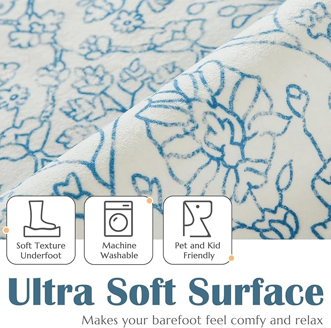 jinchan Hallway Runner Rug 2x5 Washable Kitchen Flora Faux Wool Non-Slip with Rubber Backing Soft Thin Vintage Carpet Runner for Bedroom Bathroom Laundry Room Living Room (2x5ft,Blue)