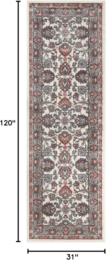 Superior Indoor Runner Rug, with Jute Backing, Chic Bordered Floor Decor for Living Room, Bedroom, Office, Entryway, Kitchen, Dining, Floral Design, Lille Collection, 2' 7" x 10', Brown-Salmon
