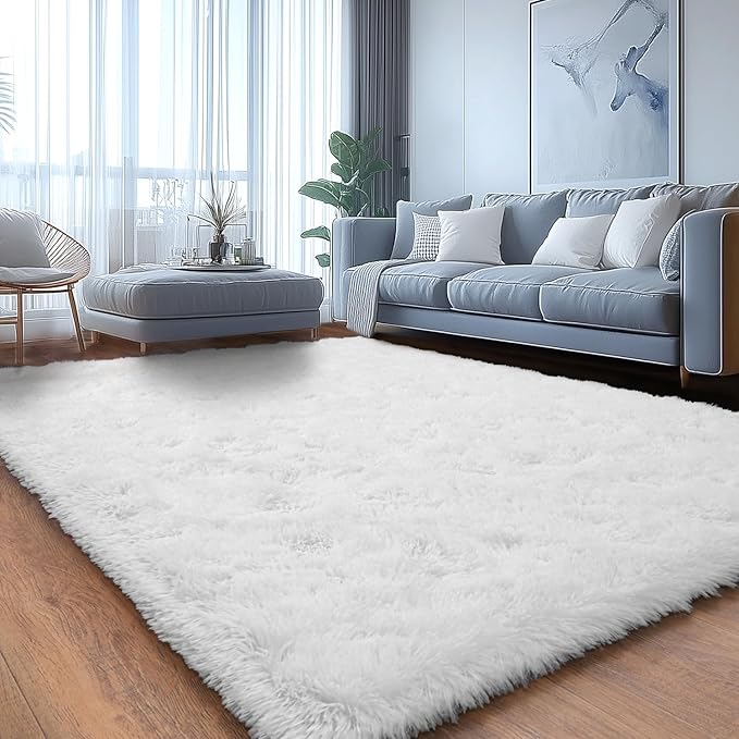 White Fluffy Rug for Bedroom White Fuzzy Rug Non-Slip Indoor Floor Carpet for Living Room Anti-Skid Rectangular Fuzzy Rug 5x7