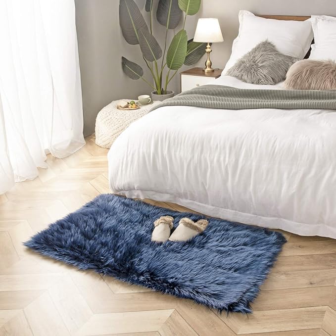 Ashler faux fur rug, Fluffy Shaggy Area Rug Ultra Soft 2.2 x 4 Feet Rectangle Fur Rug, Navy Blue Fuzzy Rug Machine Washable Shag Rug, Nursery Decor Throw Rugs for Bedroom, kids room, Living Room