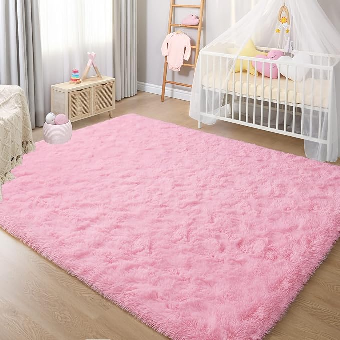 YJ.GWL Area Rugs for Living Room Bedroom, 4x6 Machine Washable Large Pink Carpet, Soft Fluffy Shaggy Thick Big Shag Indoor Floor Rug for Kids Boy and Girls Room Dorm Home Decor Aesthetic