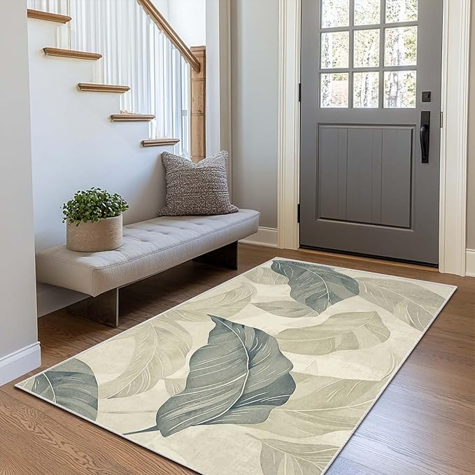 3x5 Entryway Rug Vintage Botanical Leaf Beige Area Rug Bedroom Bedside Thin Small Carpet Bathroom Non Slip Indoor Entrance Low Pile Door Mat Kitchen Stain Resistant Washable Machine