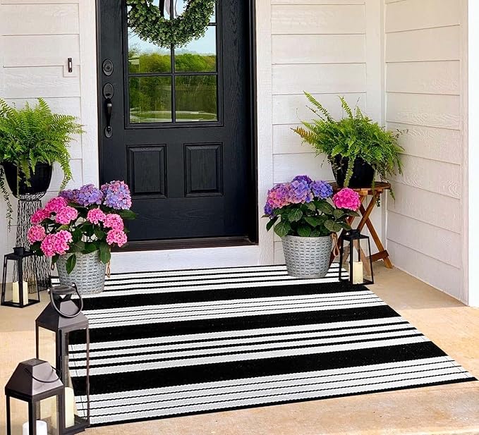 BUAGETUP Black and White Outdoor Rug 3'x 5' Hand-Woven Cotton Washable Rug Striped Front Porch Rug Machine Washable Indoor/Outdoor Area Rug Floor Mat for Farmhouse/Layered Door Mats/Living Room