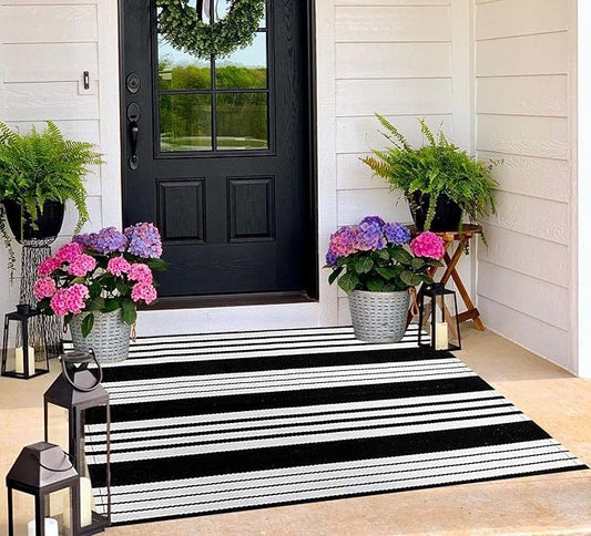 BUAGETUP Black and White Outdoor Rug 3'x 5' Hand-Woven Cotton Washable Rug Striped Front Porch Rug Machine Washable Indoor/Outdoor Area Rug Floor Mat for Farmhouse/Layered Door Mats/Living Room
