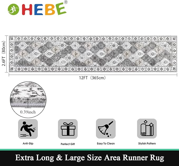 HEBE Hallway Runner Rug 2'8''x12' Washable Vintage Distressed Area Rugs Non Slip Laundry Rug Runner Boho Floor Carpet Runners for Hallways Entryway Laundry Room Kitchen Bathroom