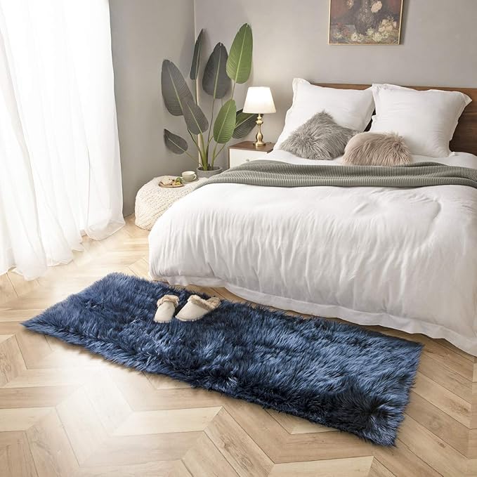 Ashler Faux Fur Rug, Fluffy Shaggy Area Rug, Ultra Soft 2.2 x 6 Feet Rectangle, Navy Blue Fuzzy Machine Washable Shag, Nursery Decor Throw for Bedroom, Kids Room, Living Room