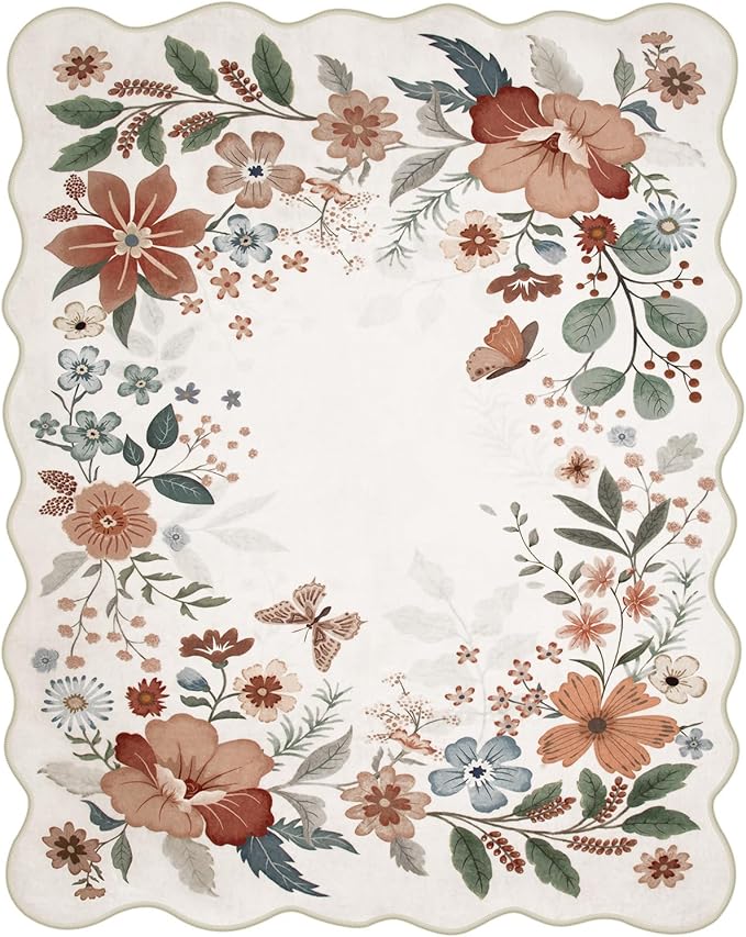 Beeiva Boho Area Rugs 8x10, Washable Floral Rug for Living Room, Ultra Thin Large Carpet for Playroom, Dining Room, Bedroom or Nursery - Beige