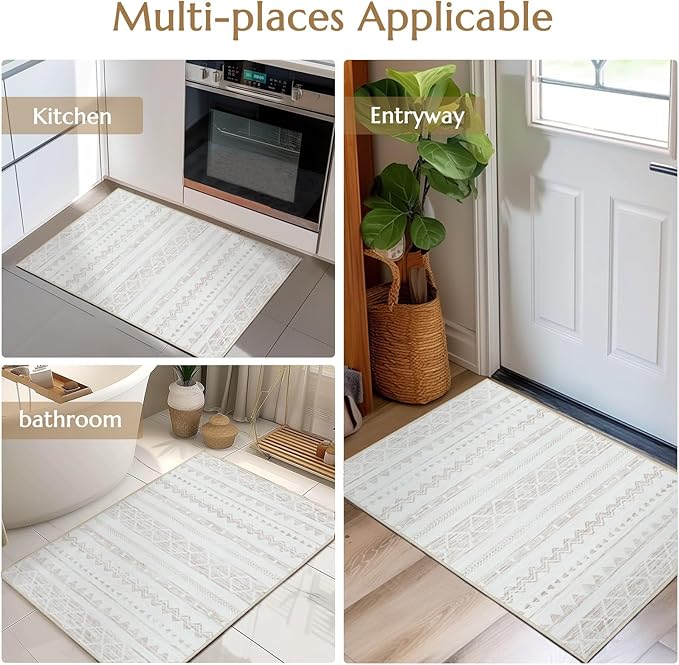 jinchan Area Rug 2x3 Moroccan Entryway Ultra-Thin Door Mat Washable Boho Geometric Rug Non-Slip Carpet for Bathroom Bedroom Laundry Room Taupe