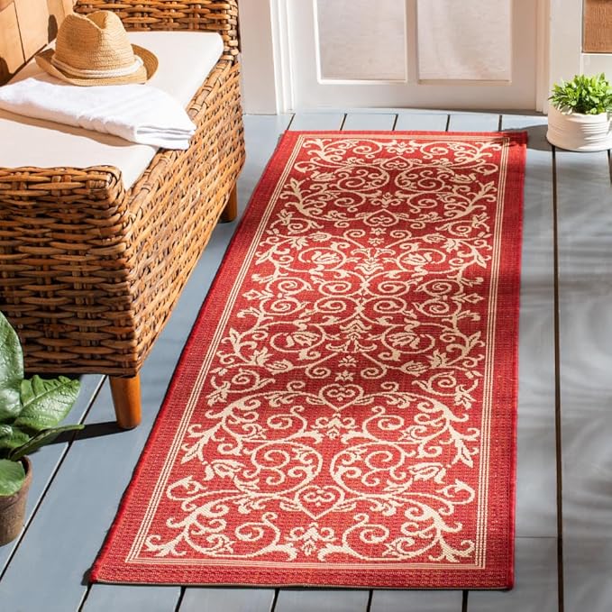 SAFAVIEH Courtyard Collection Runner Rug - 2'3" x 10', Red & Natural, Scroll Design, Non-Shedding & Easy Care, Indoor/Outdoor & Washable-Ideal for Patio, Backyard, Mudroom (CY2098-3707)