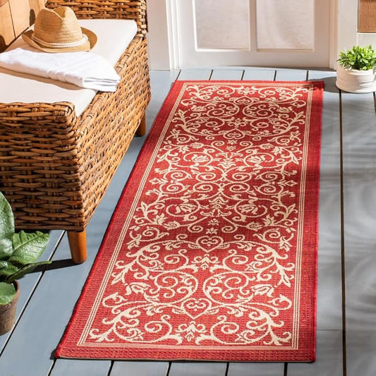 SAFAVIEH Courtyard Collection Runner Rug - 2'3" x 10', Red & Natural, Scroll Design, Non-Shedding & Easy Care, Indoor/Outdoor & Washable-Ideal for Patio, Backyard, Mudroom (CY2098-3707)