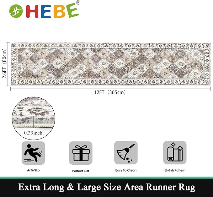 HEBE Hallway Runner Rug 2'8''x12' Washable Vintage Distressed Area Rugs Non Slip Laundry Rug Runner Boho Floor Carpet Runners for Hallways Entryway Laundry Room Kitchen Bathroom