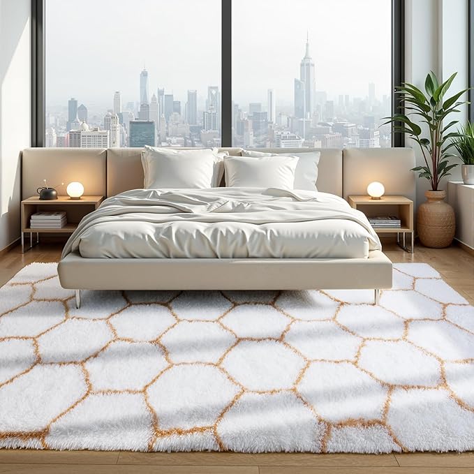 Zentavio Area Rugs for Living Room Large Rugs for Bedroom 6x9 Carpet Fluffy Fuzzy Soft Shag Aesthetic Plush High Pile Throw Rug for Nursery Kids Room Dorm Honeycomb Khaki
