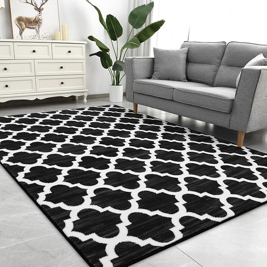 Large 6x9 Geometric Shag Modern Area Rug for Living Room Bedroom, Distressed Moroccan Fluffy Rug Indoor Carpets for Kids Nursery Bedside Room Decor, Memory Foam Soft Shaggy Rugs, Black/White