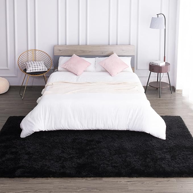 TWINNIS Super Soft Shaggy Rugs Fluffy Carpets, 6x9 Feet, Indoor Modern Plush Area Rugs for Living, Bed Room Kids Room Nursery Home Decor, Upgrade Anti-Skid Durable Rectangular Fuzzy Rug, Black