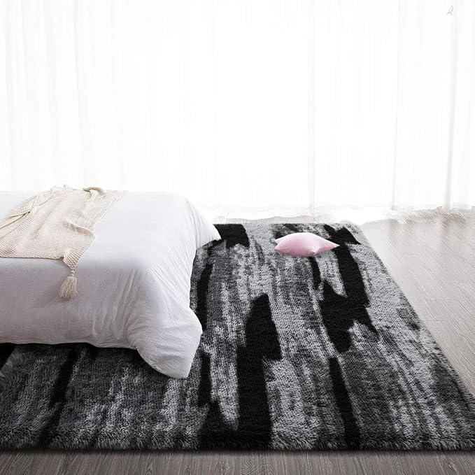 TWINNIS Super Soft Shaggy Rugs Fluffy Carpets, 5x8 Feet, Indoor Modern Plush Area Rugs for Living Room Bedroom Kids Room Nursery Home Decor, Upgrade Anti-Skid Rectangular Fuzzy Rug, Black Gray