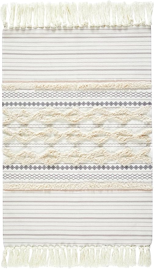 Washable Cotton Throw Rugs with Fringe, Boho Chic Modern Farmhouse Tufted Cute Vintage 2x3 Small Area Rugs for Bathroom Kitchen Bedroom Laundry Entryway Indoor Front Door Mat Thin Pile