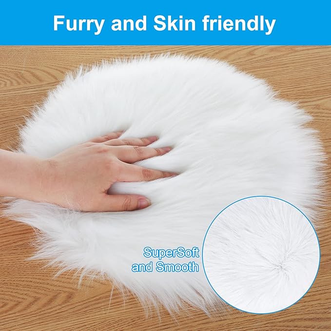 Molain Faux Fur Chair Pad 12 inch Round Cover Seat Cushion Pad Carpet Mat Soft Fluffy Area Rug for Seat Pad Couch Pad,Photographing Background of Jewelry(White)