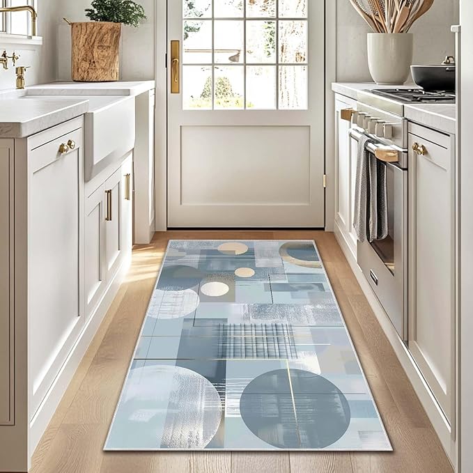 3x5 Entryway Rug Abstract Minimalist Circle Blue Small Area Rug Bedroom Bedside Thin Carpet Bathroom Non Slip Indoor Entrance Low Pile Door Mat Kitchen Stain Resistant Washable Machine