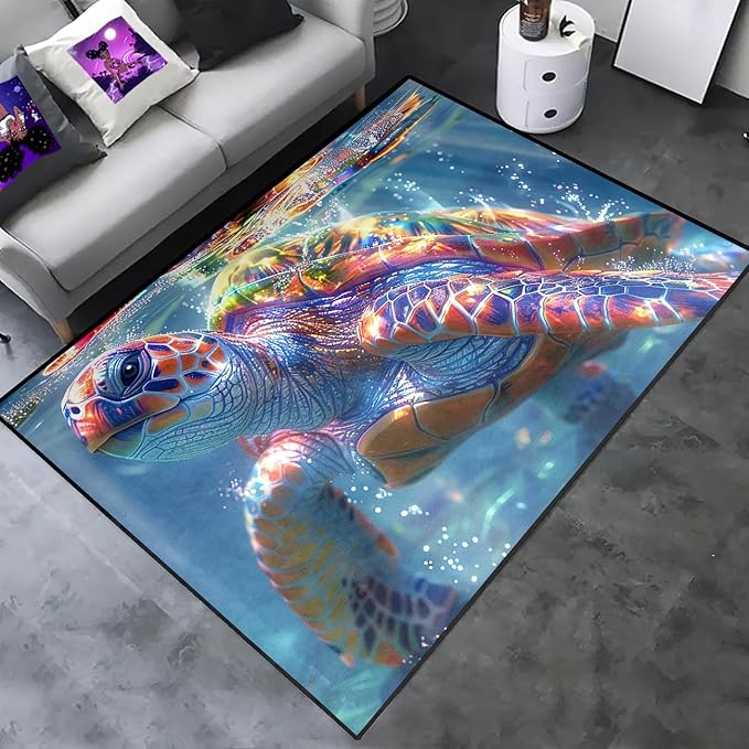 Sea Turtle Carpet Rug - Kids Coastal Rugs for Bedroom Ocean Life Theme, 70" L x 55" W