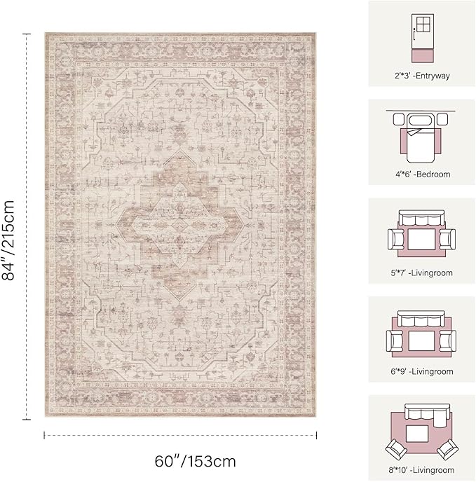 5x7 Washable Area Rug for Living Room & Bedroom, Large Soft Pink Rugs for Girls Women, Non Slip, Durable Low Pile Carpet, Vintage Carpets for Office, Dining Room, Kids Room and Farmhouse