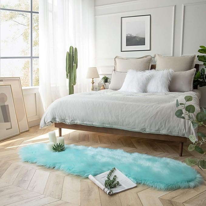 Ashler faux fur rug, Fluffy Shaggy Area Rug Ultra Soft 2 x 6 Feet Sheepskin Fur Rug, Turquoise Fuzzy Rug Machine Washable Shag Rug, Nursery Decor Throw Rugs for Bedroom, kids room, Living Room