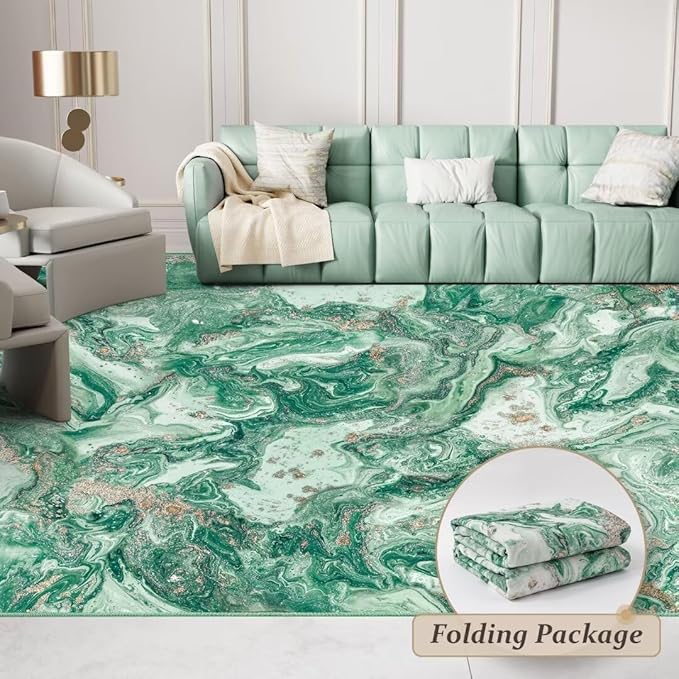 Washable Area Rug 8x10 - Artistic Style Modern Rug for Living Room Bedroom Dining Room, Soft Low Pile Machine Washable Carpet, Non Slip Non Shedding Area Rug - Green/Gold, 8'x10'