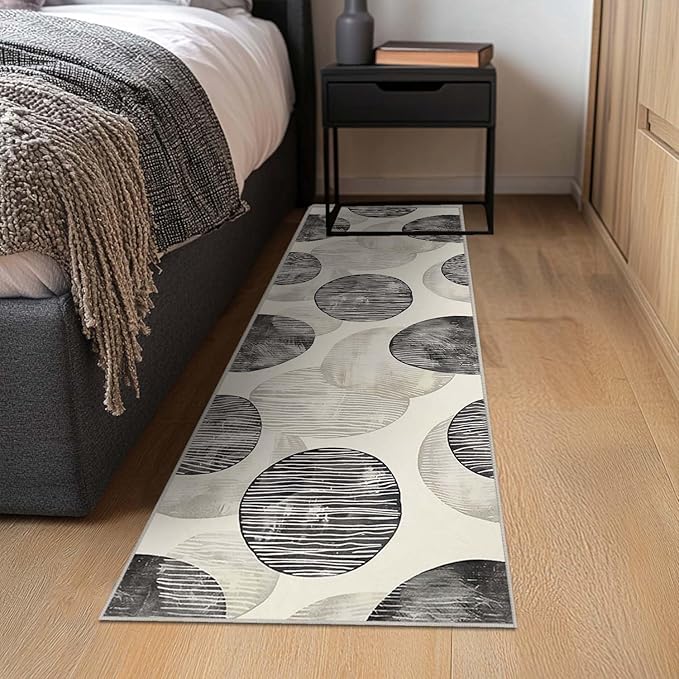 2x6 Kitchen Runner Rug Abstract Minimalist Black Beige Circle Design Hallway Entryway Washable Thin Rugs Modern Neutral Non Slip Low Pile Door Mat Entrance Small Carpet for Laundry Bathroom Bedroom