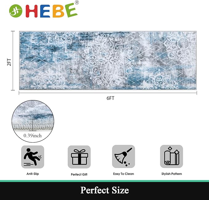HEBE Hallway Runner Rug 2'x6' Washable Vintage Distressed Area Rugs Non Slip Laundry Rug Runner Boho Floor Carpet Runners for Hallways Entryway Laundry Room Kitchen Bathroom