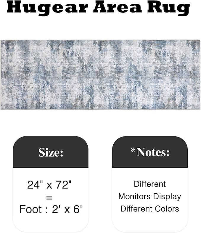2x6 Runner Rugs Grey Blue Machine Washable Hallway Area Rug Indoor Accent Rug Abstract Non Slip Low Pile Carpet Distressed Throw Rug for Bedroom Living Room Office Dining Room Kitchen