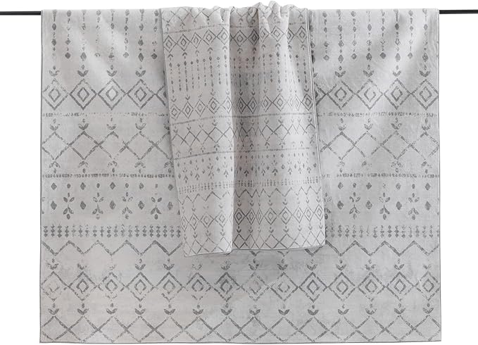 Carvapet Rugs for Living Room Bedroom, Grey Boho Low Pile Large Carpet with Rubber Backing, Foldable, Non Slip Machine Washable (9 x 6 Feet Rectangular, Gray Area Rug)