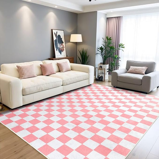 Terrug Pink and White Checkered Rug for Living Room Bedroom, 3x5 Soft Washable Area Rug with Non Slip, Low Pile Stain Resistance Carpet for Kids Room Entryway Kitchen Dorm