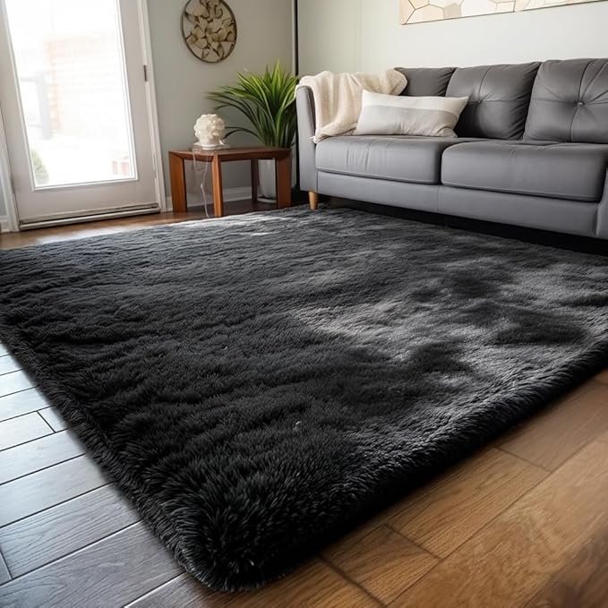 Zentavio 8x10 Black Area Rugs for Living Room Clearance Bedroom Large Men Room Carpet Fluffy Furry Shag Aesthetic Plush High Pile Floor Rug for Nursery Kids Room Dorm Home Decor