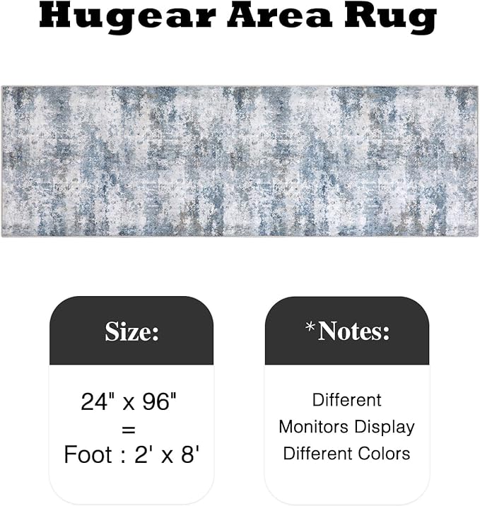 2x8 Runner Rugs Grey Blue Machine Washable Hallway Area Rug Indoor Accent Rug Abstract Non Slip Low Pile Carpet Distressed Throw Rug for Bedroom Living Room Office Dining Room Kitchen