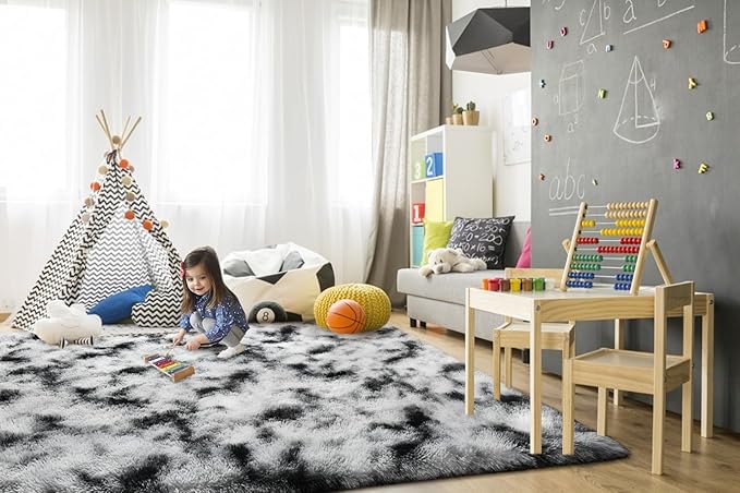 TWINNIS Super Soft Shaggy Rugs Fluffy Carpets, 6x9 Feet, Indoor Modern Plush Area Rugs for Living Room Bedroom Kids Room Nursery Home Decor, Upgrade Anti-Skid Rectangular Fuzzy Rug, Black and White