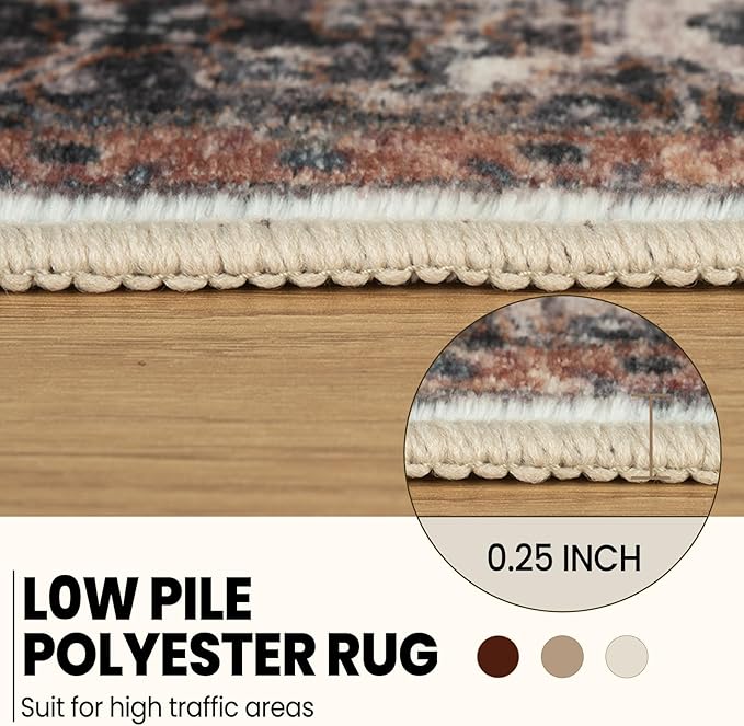Washable 6x9 Area Rugs, Rugs for Living Room, Low-Pile Water&Stain Resistant Carpet Vintage Distressed Printed Non-Slip Carpet for Bedroom Bathroom Kitchen-Light Yellow/Choco/Brown/Navy Blue