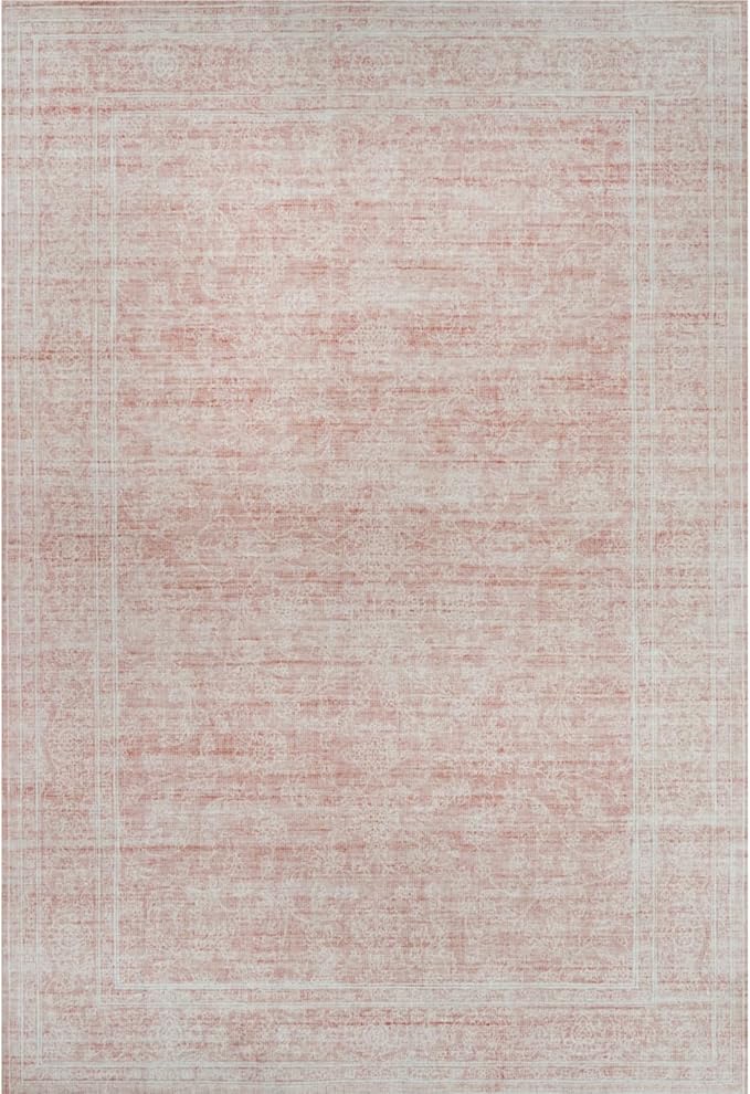Washable Oriental Area Rug - 9x12 Rugs for Living Room Soft Carpet for Bedroom Waterproof Floral Distressed Indoor Stain Resistant Non-Shedding Floor Carpets (Pink, 9x12)