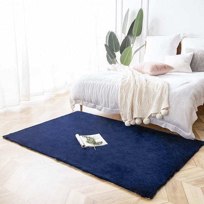 Ashler HOME DECO Ultra Soft Faux Rabbit Fur Chair Couch Cover Area Rug for Bedroom Floor Sofa Living Room Dark Blue 4 x 6 Feet