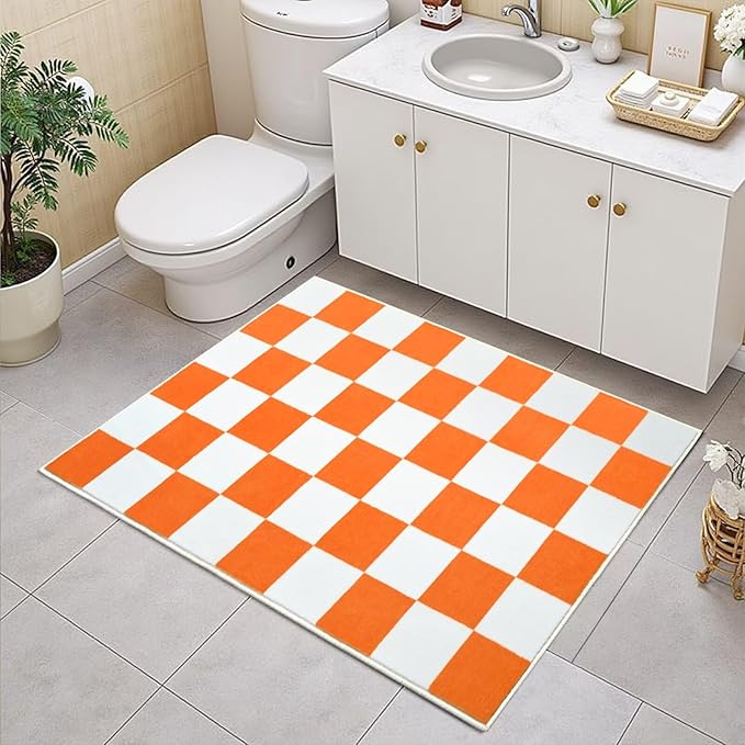 Terrug Orange and White Small Checkered Rug for Bedroom, 2x3 Soft Washable Rug with Non Slip Backing, Low Pile Throw Carpet for Entryway Hallway Kitchen Laundry Room