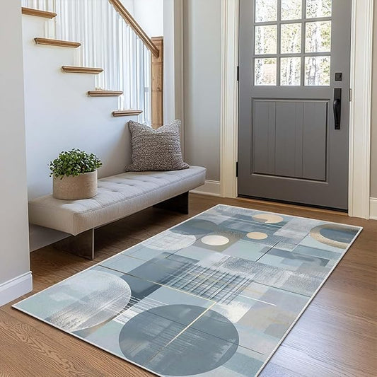 3x5 Entryway Rug Abstract Minimalist Circle Blue Small Area Rug Bedroom Bedside Thin Carpet Bathroom Non Slip Indoor Entrance Low Pile Door Mat Kitchen Stain Resistant Washable Machine
