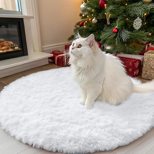 OLANLY White Round Rugs for Bedroom - Machine Washable, 3x3 Feet Circle Area Rugs for Living Room, Soft and Fluffy Shaggy Carpet for Teen Girls and Boys, Nursery Rooms, Dorms, Home Decor Aesthetic
