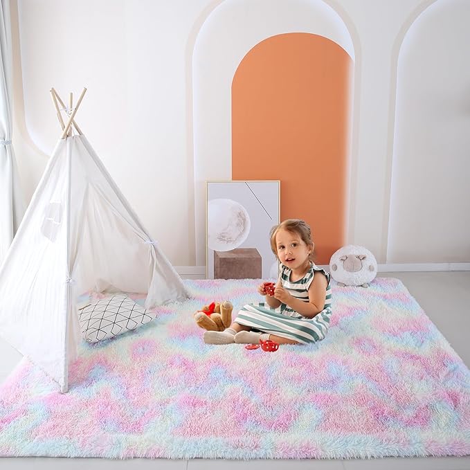 Rugs for Girls Bedroom Living Room: 5x7 Shag Fuzzy Area Rug for Kids Playroom,Pastel Plush Shaggy Carpet for Nursery Baby Toddler Dorm Room