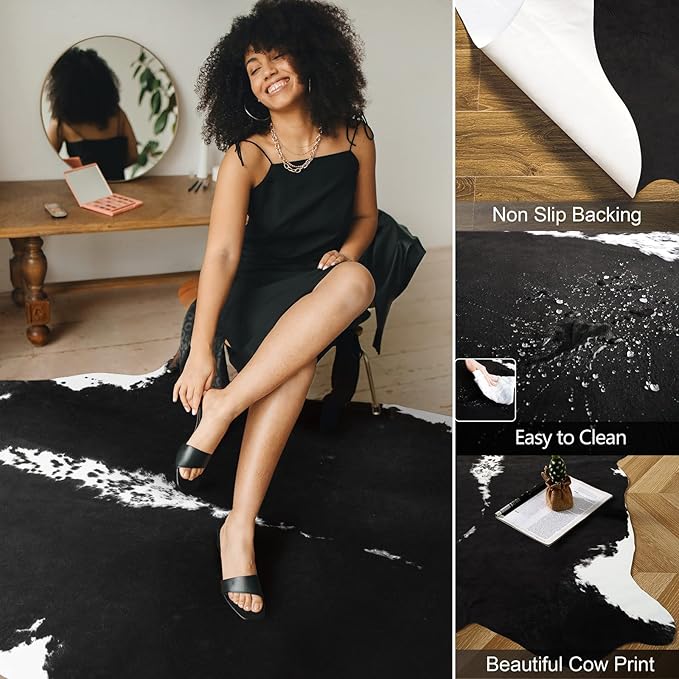 AROGAN Premium Faux Cowhide Rug 158 x 140 cm/5.2 x 4.6 feet, Durable and Large Size Cow Print Rugs, Suitable for Bedroom Living Room Western Decor, Faux Fur Animal Cow Hide Carpet, Black